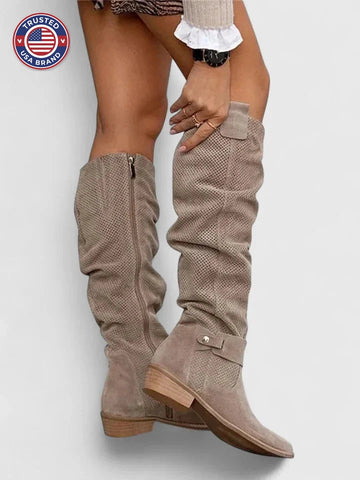 Women's suede side zip knee high winter boots with perforated shaft - Khaki