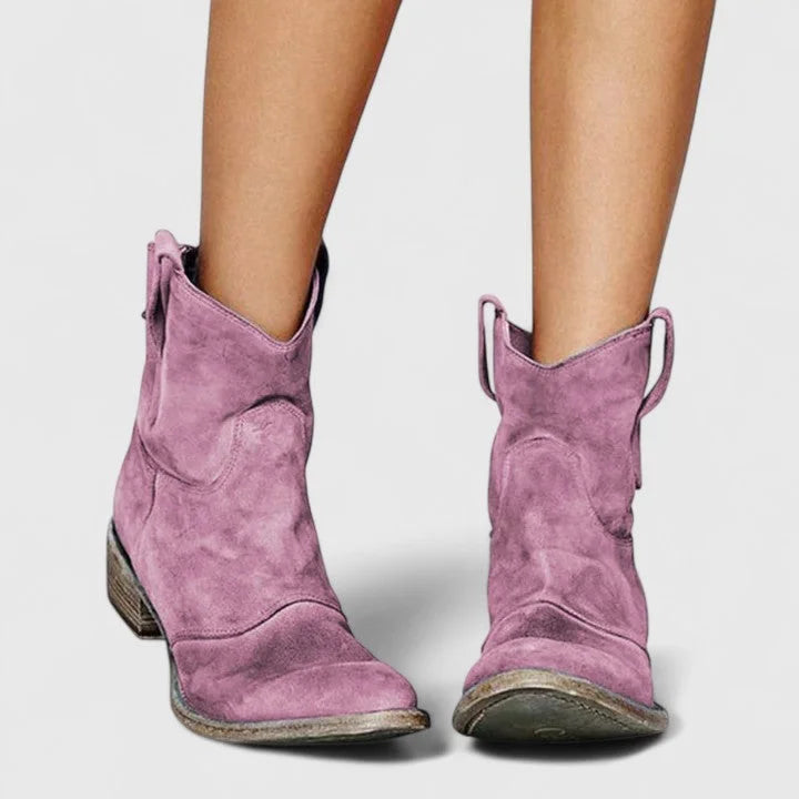 Women's suede ankle winter boots with slouchy shaft - Light Brown