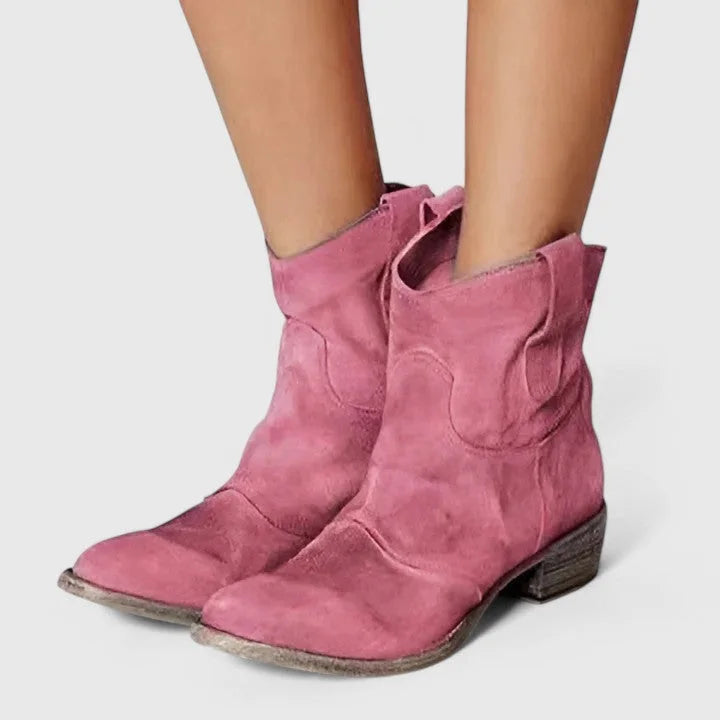Women's suede ankle winter boots with slouchy shaft - Light Brown