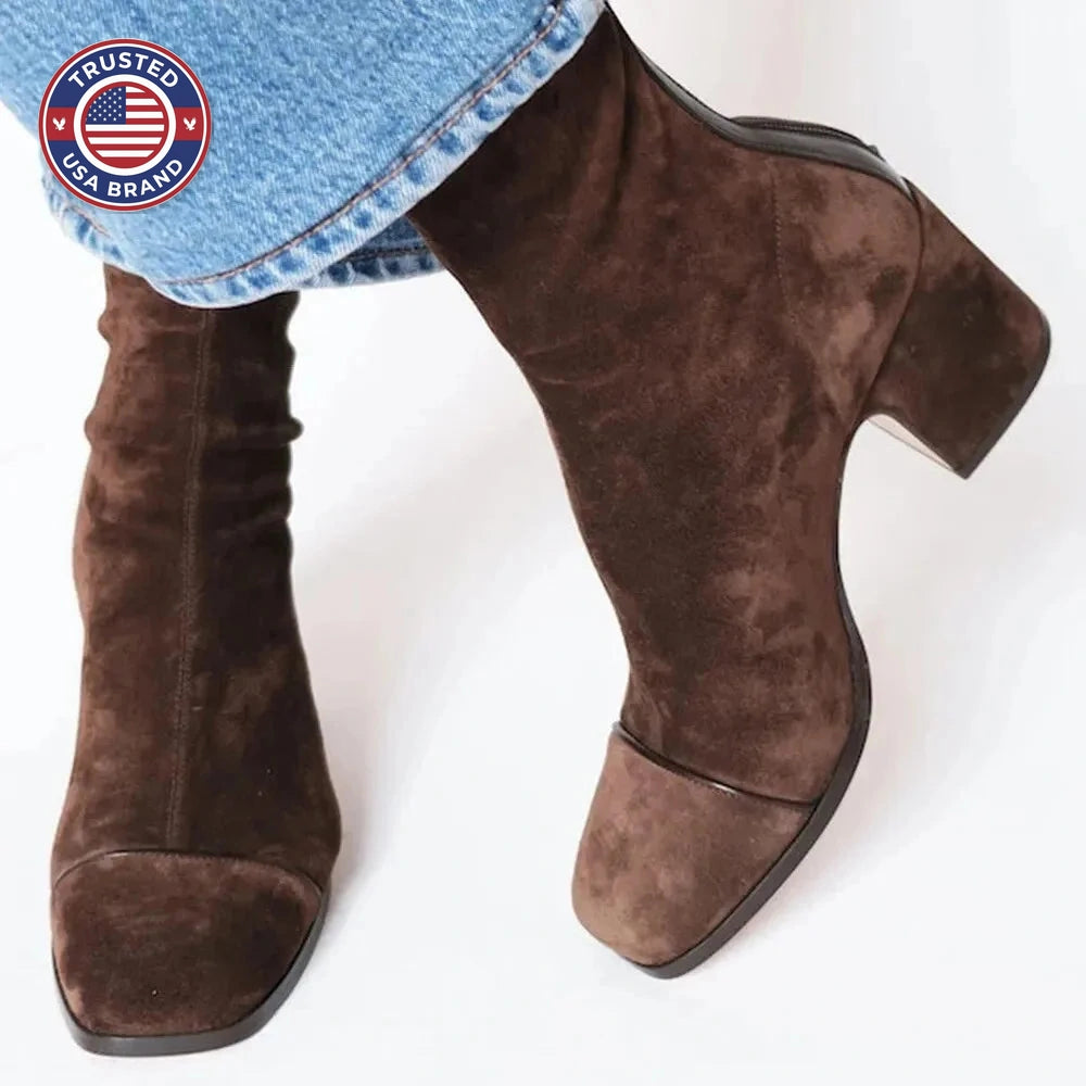 Women's suede ankle winter boots with ruched upper - Red