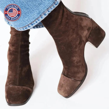 Women's suede ankle winter boots with ruched upper - Red