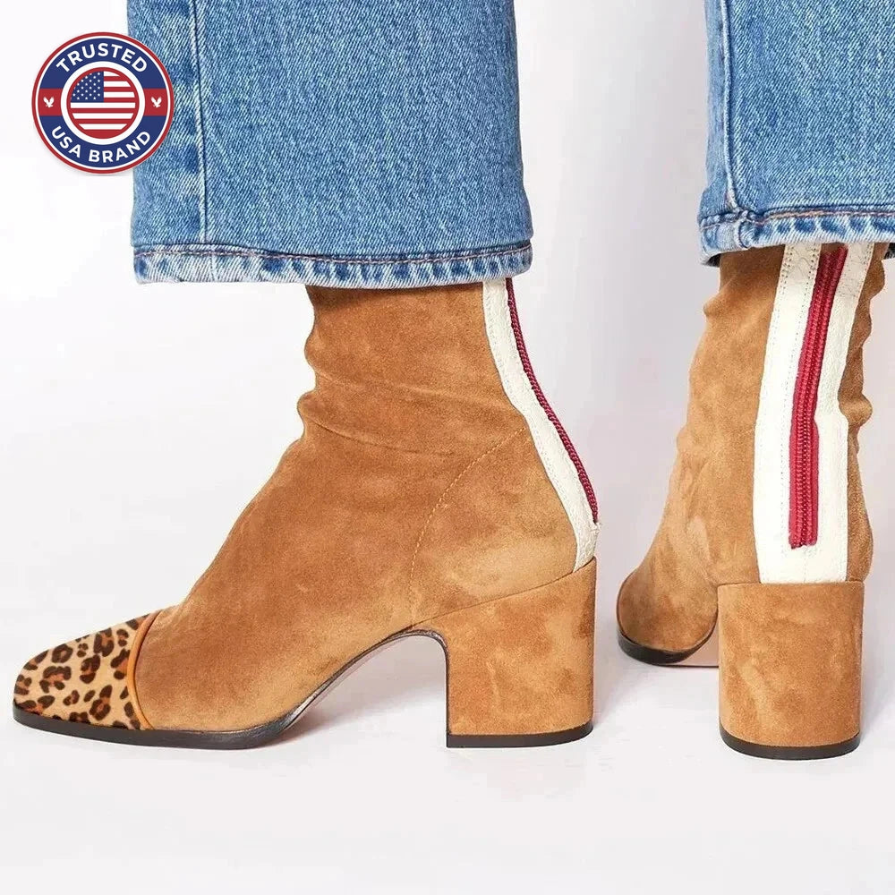 Women's suede ankle winter boots with ruched upper - Red