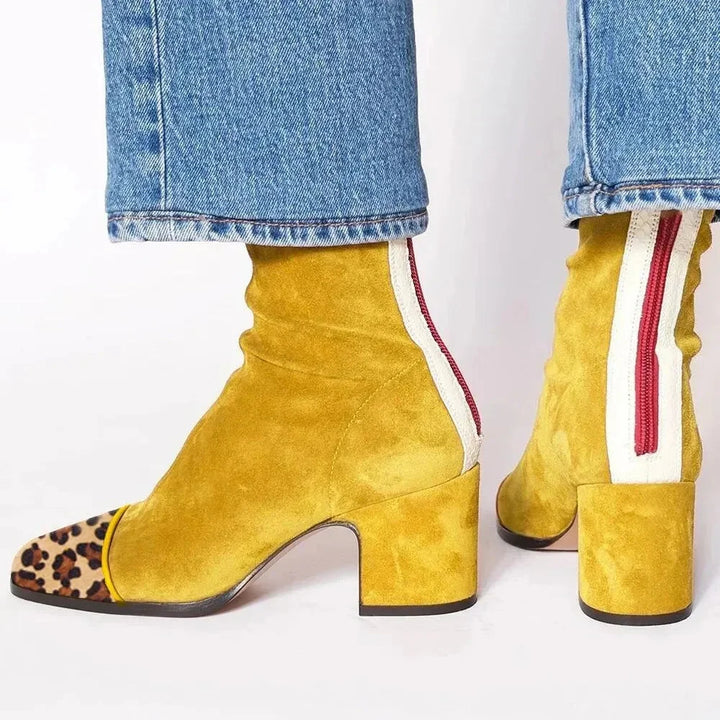 Women's suede ankle winter boots with ruched upper - Red