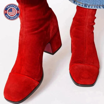 Women's suede ankle winter boots with ruched upper - Red