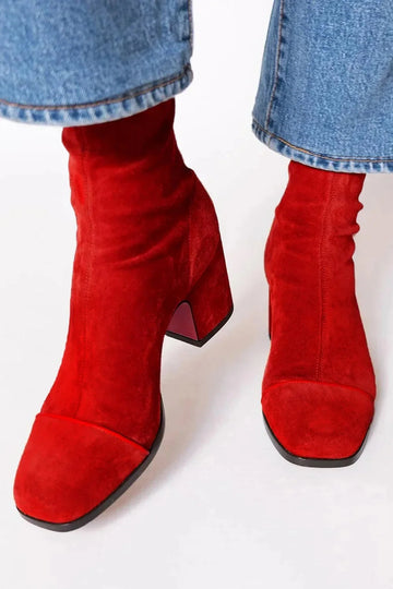 Women's suede ankle winter boots with ruched upper - Red