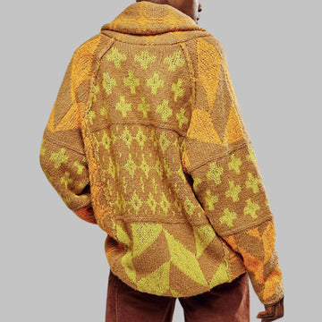 Women's knit open-front shawl collar winter cardigan with patchwork patterns - Beige