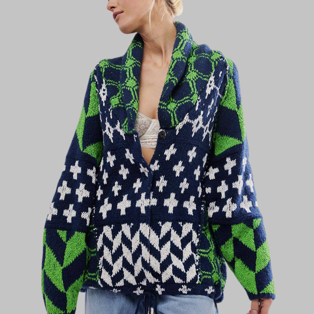 Women's knit open-front shawl collar winter cardigan with patchwork patterns - Beige