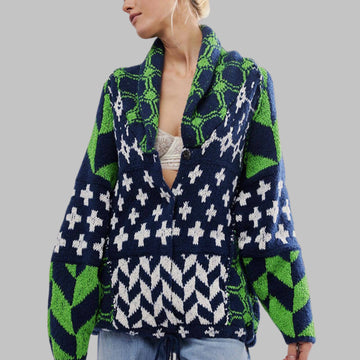 Women's knit open-front shawl collar winter cardigan with patchwork patterns - Beige