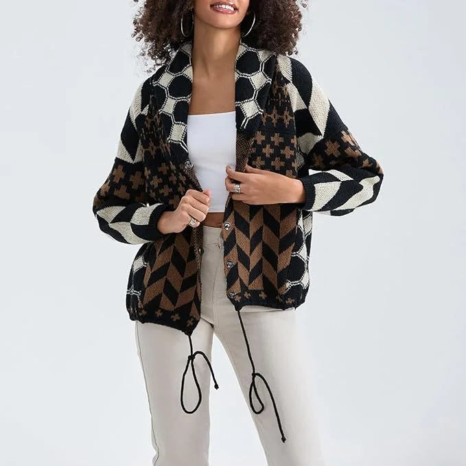 Women's knit open-front shawl collar winter cardigan with patchwork patterns - Beige