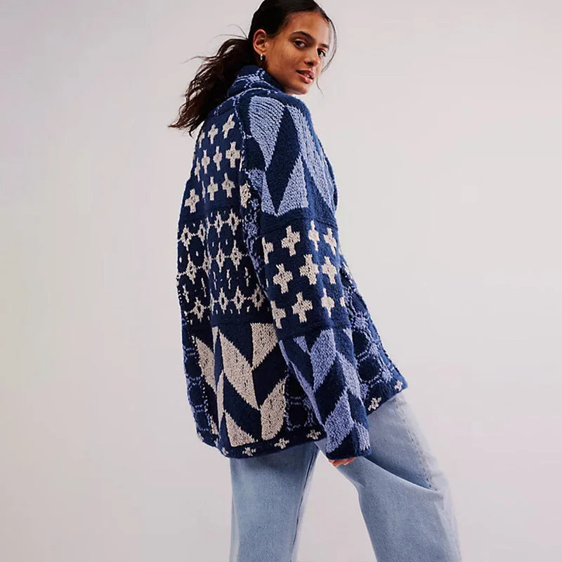 Women's knit open-front shawl collar winter cardigan with patchwork patterns - Beige