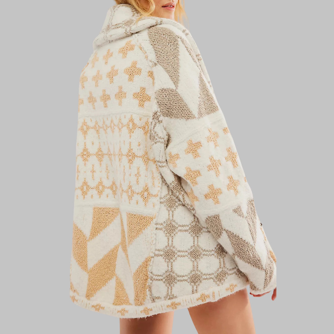 Women's knit open-front shawl collar winter cardigan with patchwork patterns - Beige