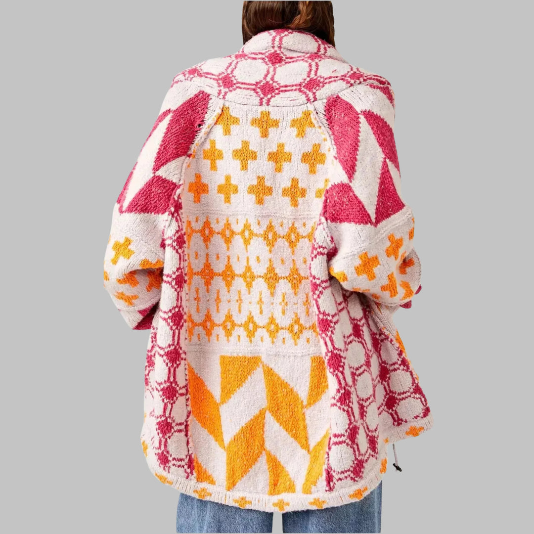 Women's knit open-front shawl collar winter cardigan with patchwork patterns - Beige