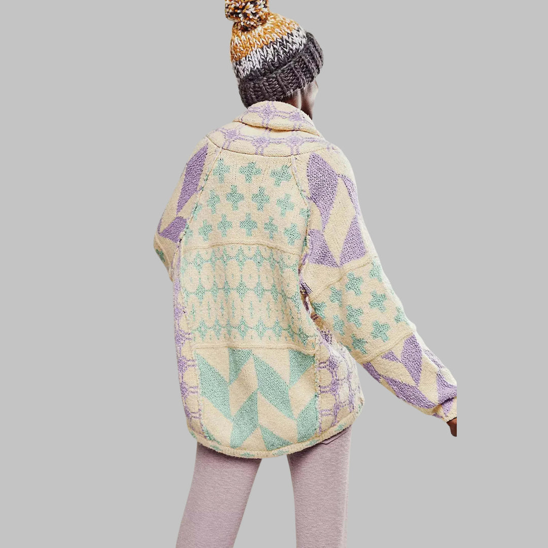 Women's knit open-front shawl collar winter cardigan with patchwork patterns - Beige