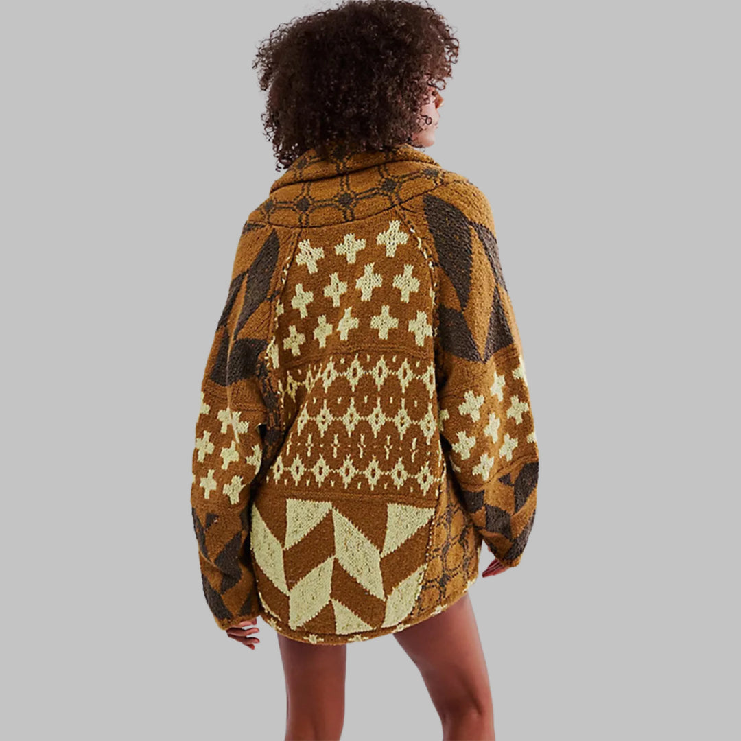Women's knit open-front shawl collar winter cardigan with patchwork patterns - Beige