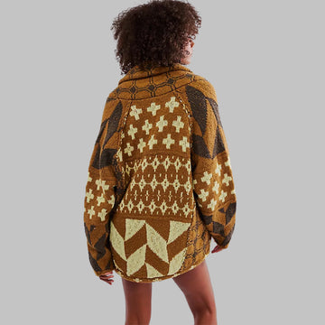 Women's knit open-front shawl collar winter cardigan with patchwork patterns - Beige