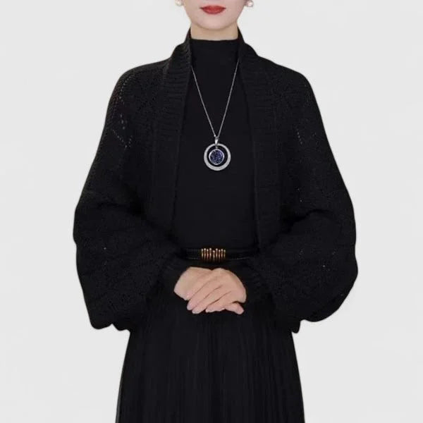 Women's knit open-front shawl collar winter cardigan - Black
