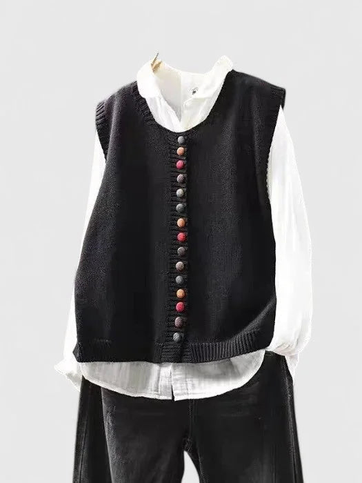 Women's multi-colored knit button-front winter cardigan with v-neck - Black