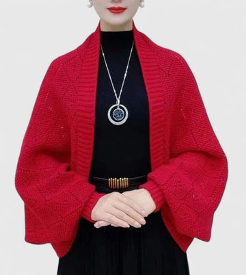 Women's knit open-front shawl collar winter cardigan - Black