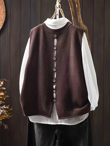 Women's knit crew neck winter sweater with button-back detail - Black
