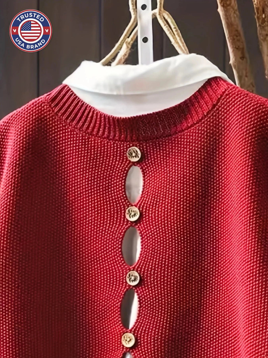 Women's knit crew neck winter sweater with button-back detail - Black