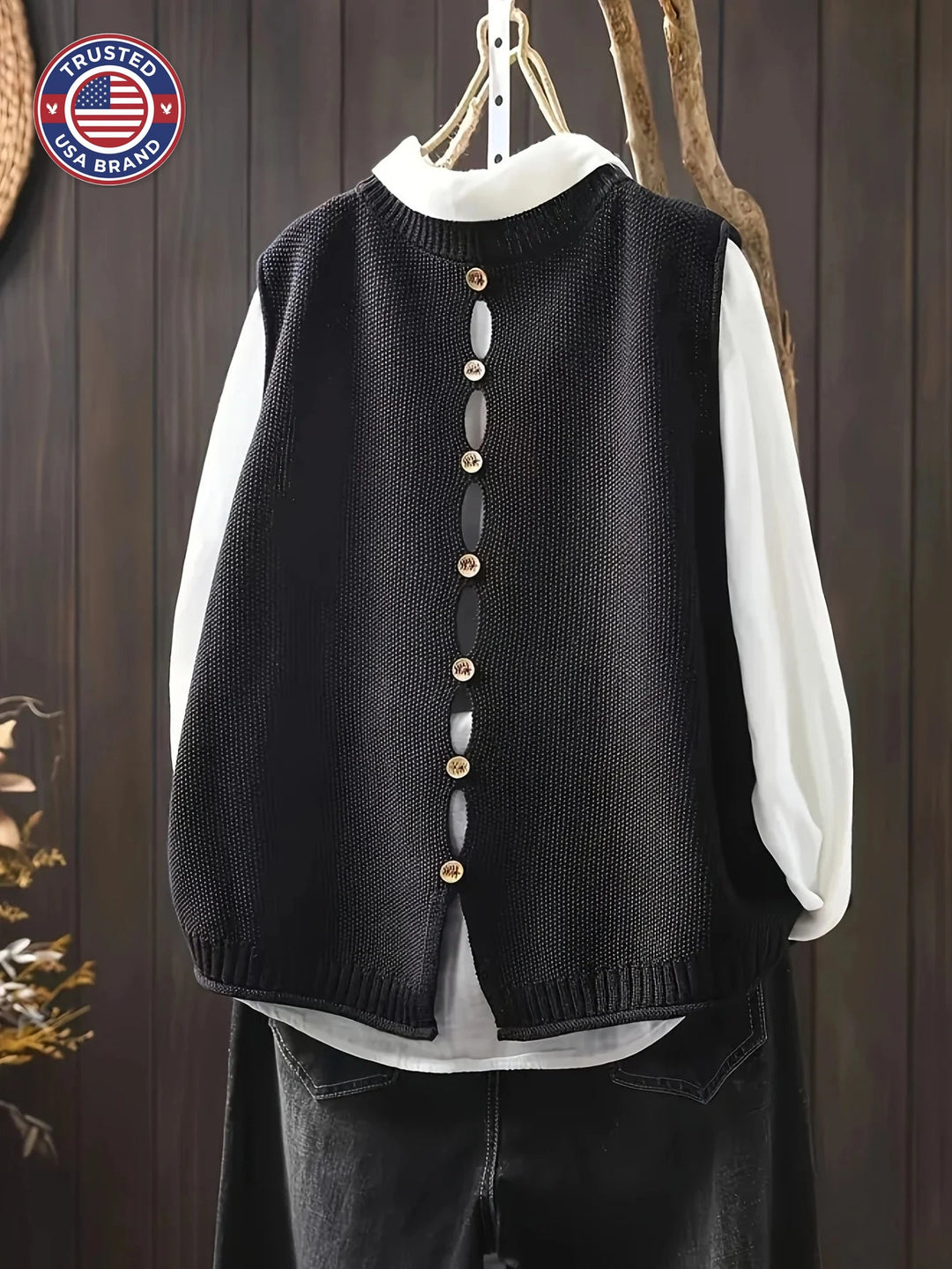 Women's knit crew neck winter sweater with button-back detail - Black