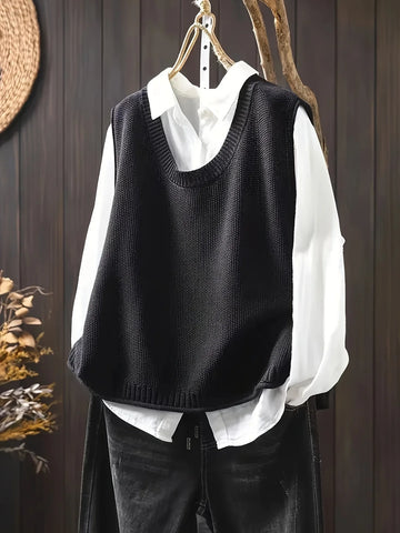 Women's knit crew neck winter sweater with button-back detail - Black