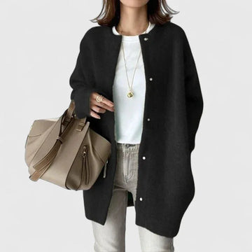 Women's knit button-front winter cardigan with dropped shoulder - Khaki