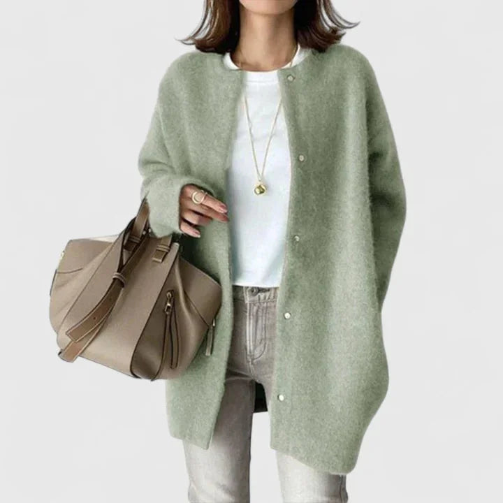 Women's knit button-front winter cardigan with dropped shoulder - Khaki