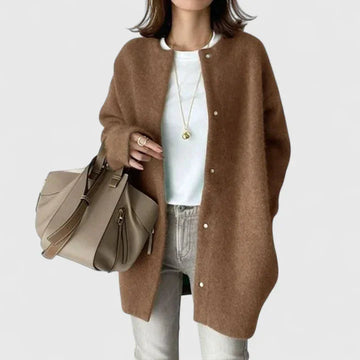 Women's knit button-front winter cardigan with dropped shoulder - Khaki