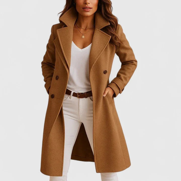 Women's double-breasted notch lapel winter wool coat with slit pockets - Black