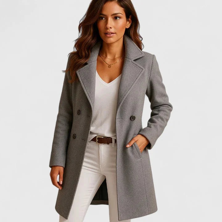Women's double-breasted notch lapel winter wool coat with slit pockets - Black