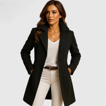 Women's double-breasted notch lapel winter wool coat with slit pockets - Black