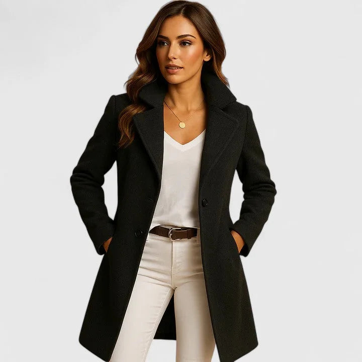 Women's double-breasted notch lapel winter wool coat with slit pockets - Black