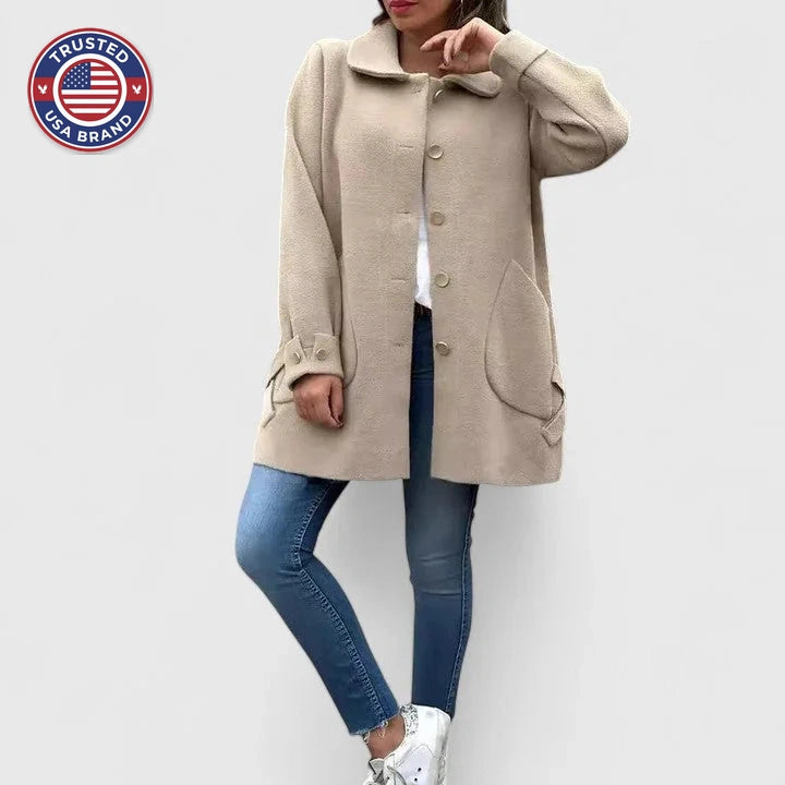 Women's button-front collared winter wool coat with large patch pockets - Khaki
