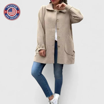 Women's button-front collared winter wool coat with large patch pockets - Khaki