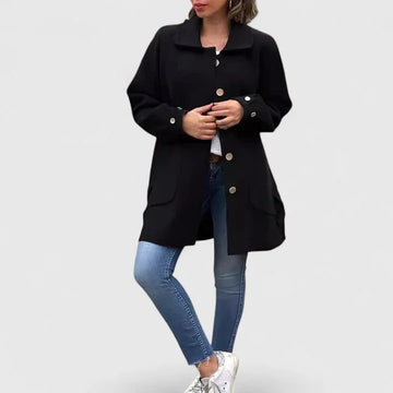 Women's button-front collared winter wool coat with large patch pockets - Khaki