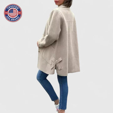 Women's button-front collared winter wool coat with large patch pockets - Khaki