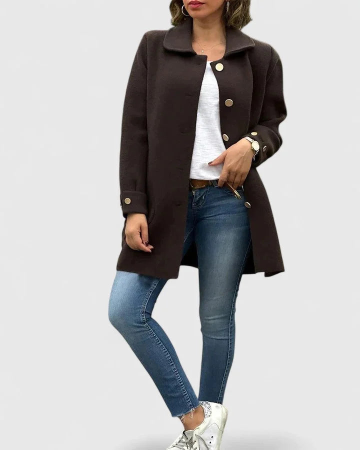 Women's button-front collared winter wool coat with large patch pockets - Khaki