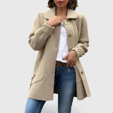 Women's button-front collared winter wool coat with large patch pockets - Khaki