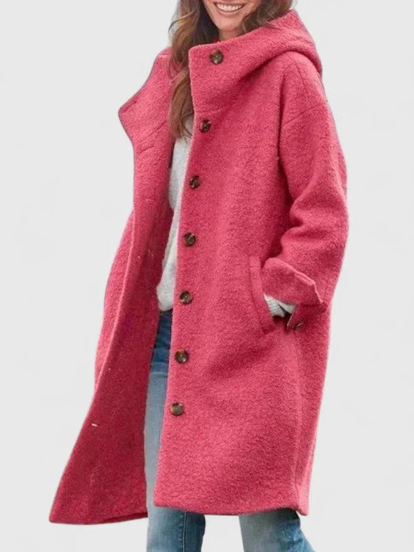 Women's button-front hooded winter wool coat - Pink