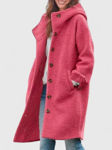 Women's button-front hooded winter wool coat - Pink