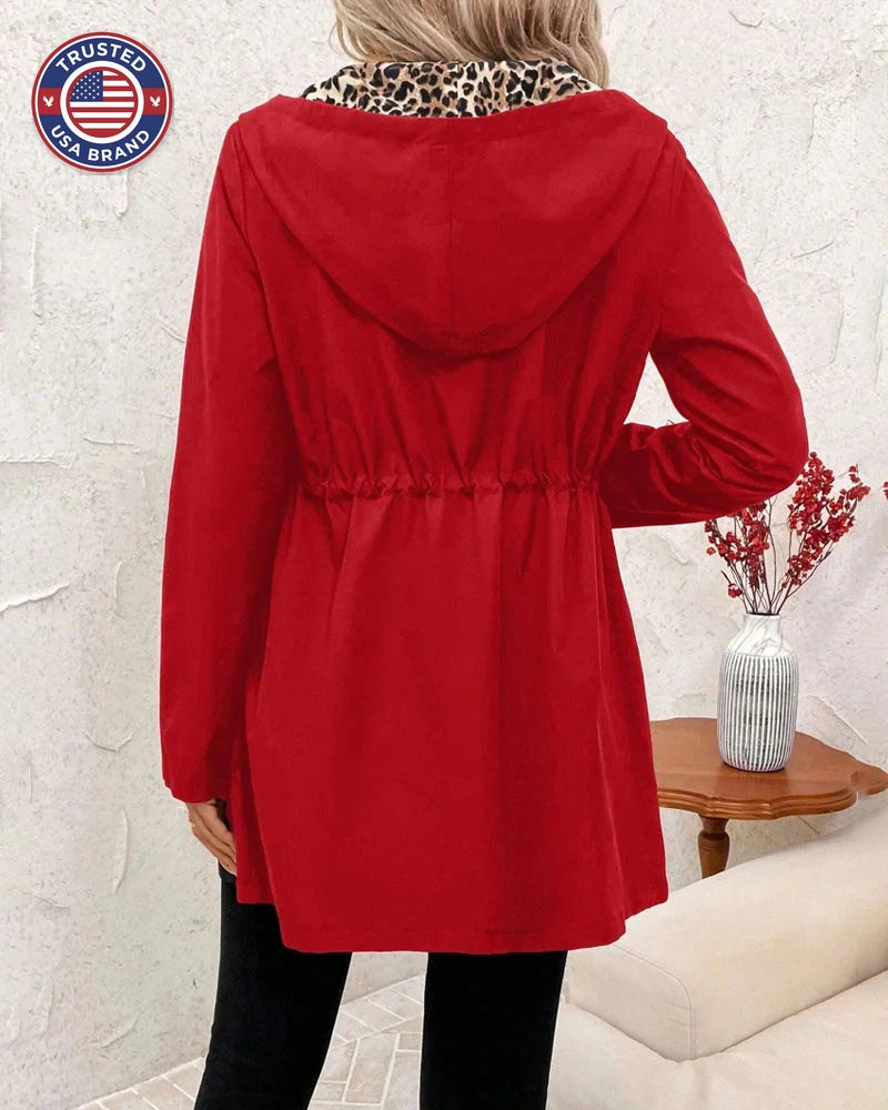 Women's zip-up hooded winter parka with reversible drawstring waist - Red