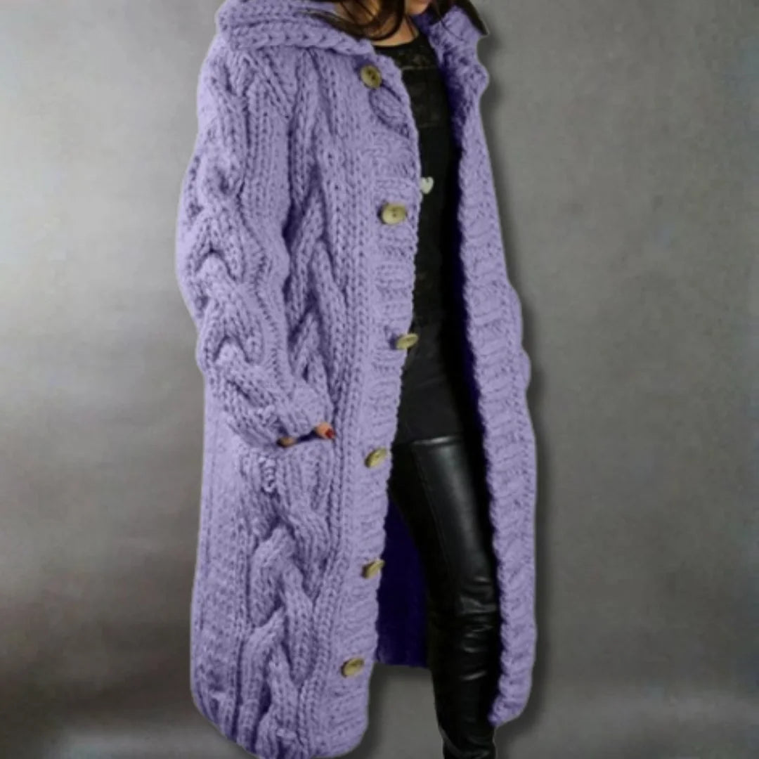 Women's cable knit button-front hooded winter cardigan with pockets - Blue