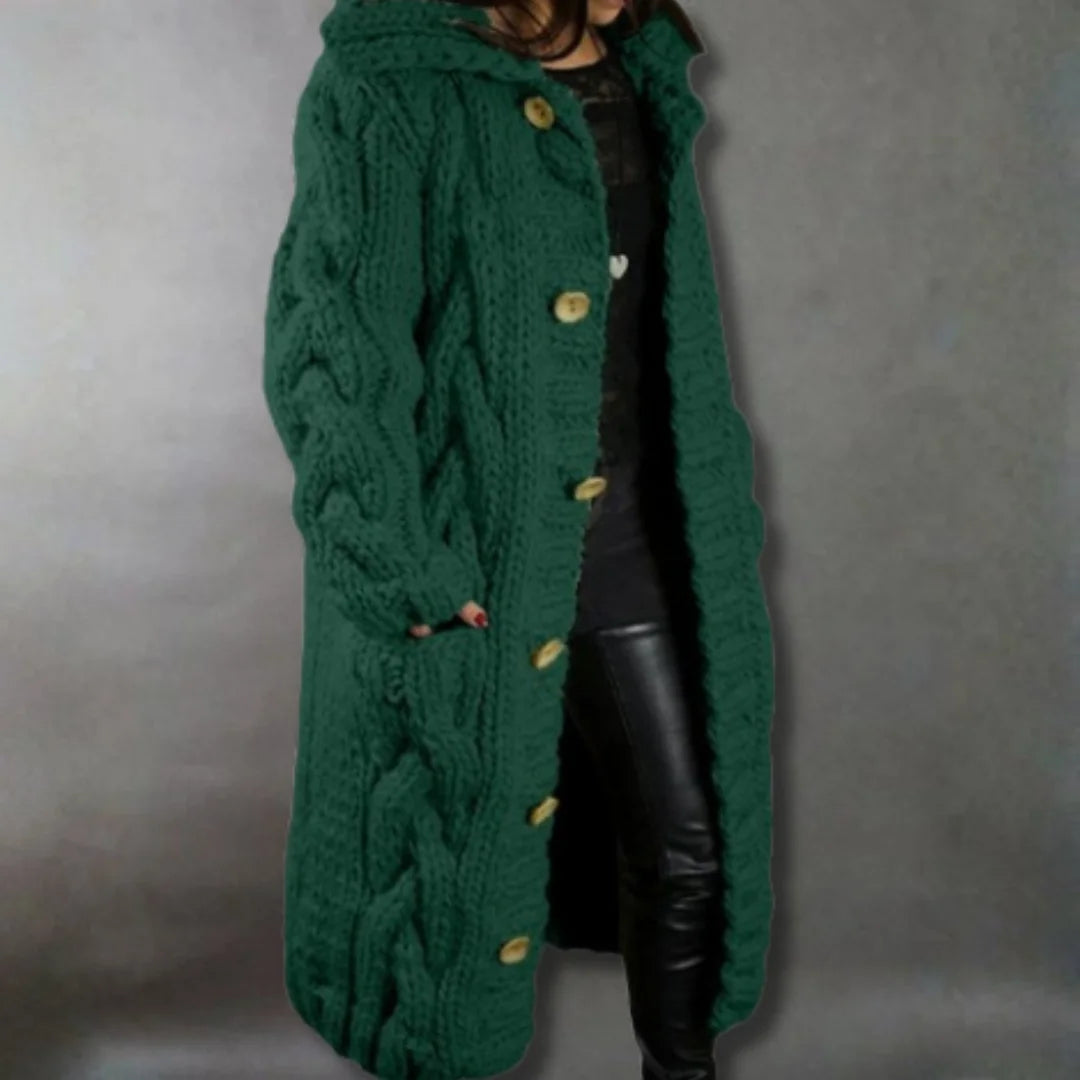 Women's cable knit button-front hooded winter cardigan with pockets - Blue