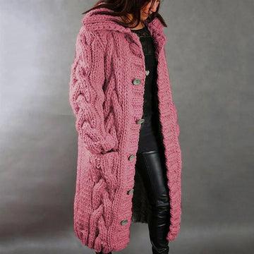 Women's cable knit button-front hooded winter cardigan with pockets - Blue