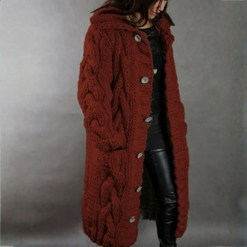 Women's cable knit button-front hooded winter cardigan with pockets - Blue