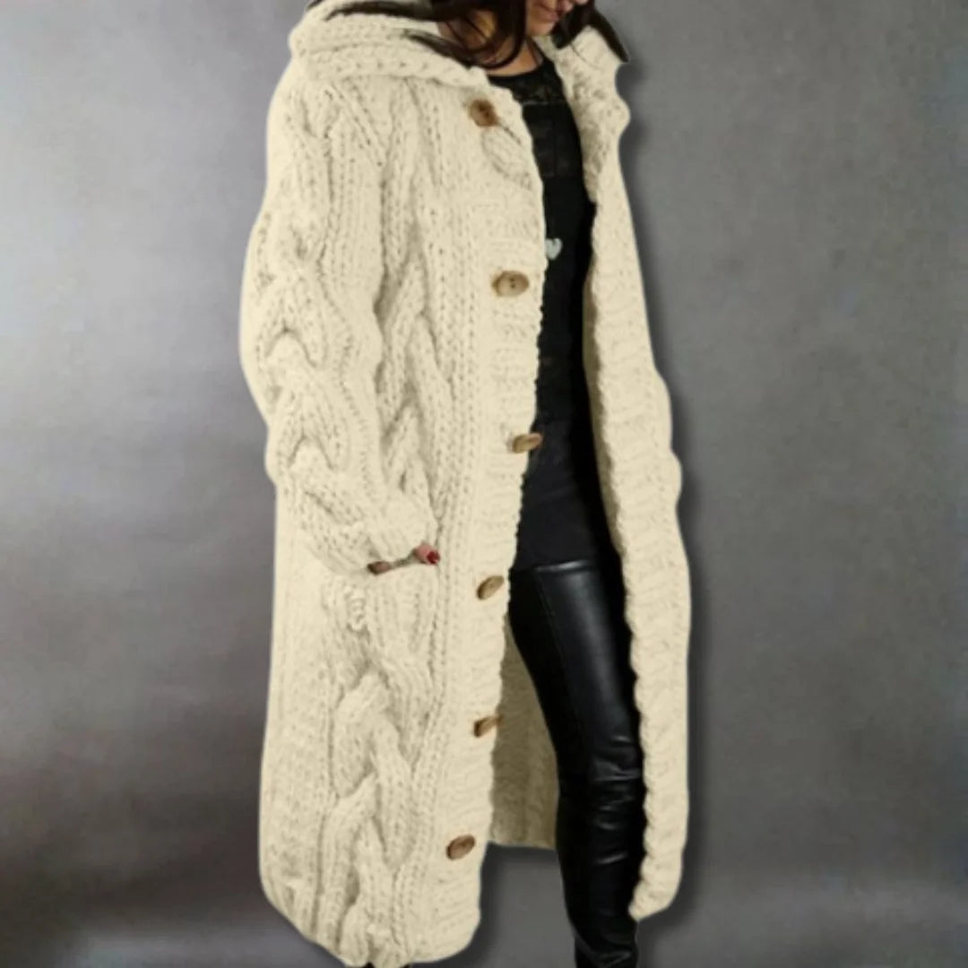 Women's cable knit button-front hooded winter cardigan with pockets - Blue