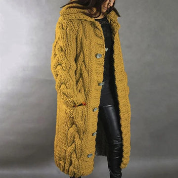 Women's cable knit button-front hooded winter cardigan with pockets - Blue