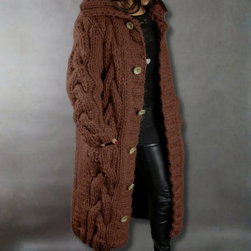 Women's cable knit button-front hooded winter cardigan with pockets - Blue
