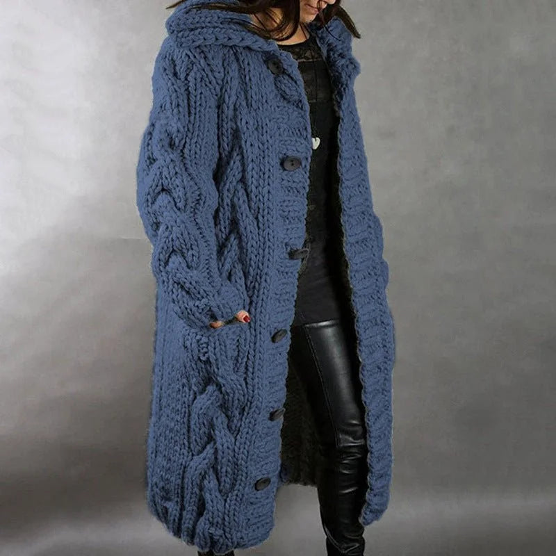 Women's cable knit button-front hooded winter cardigan with pockets - Blue